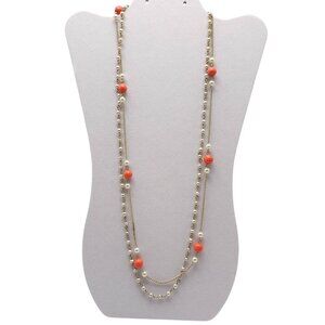 Vintage Gold Tone Double Strand Necklace Faux Pearls Coral Beads